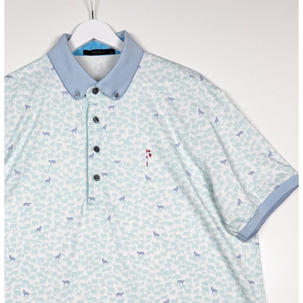 Greyson Mens Large Light Blue White Wolf Pattern Golf Polo Friar's Head New York